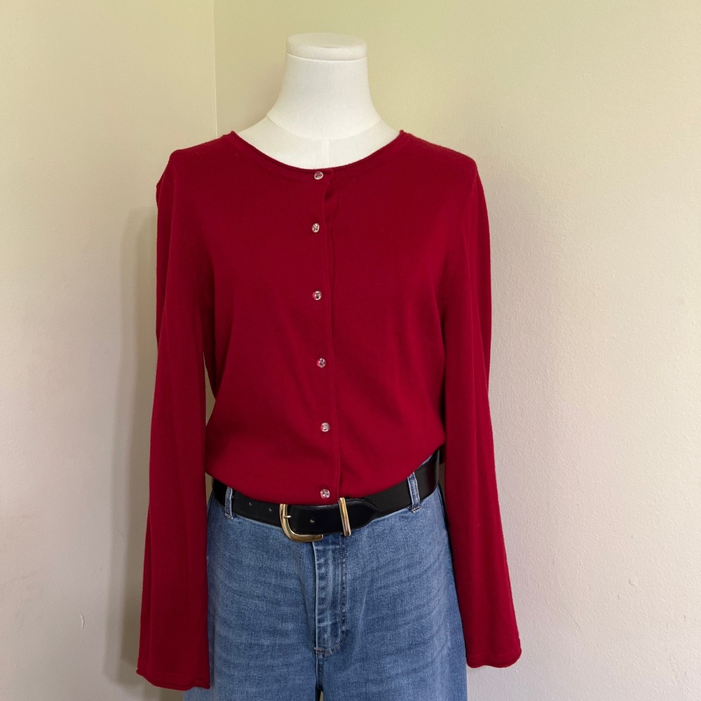 J. Jill Red Cotton Blend Button Front Crew Neck Knit Cardigan Sweater Size M